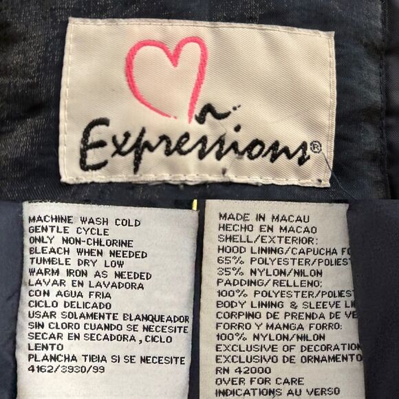 Vintage Celestial Puffer Jacket | Navy Blue Faux Fur Hood – Y2K Moon & Sun - Picture 12 of 12